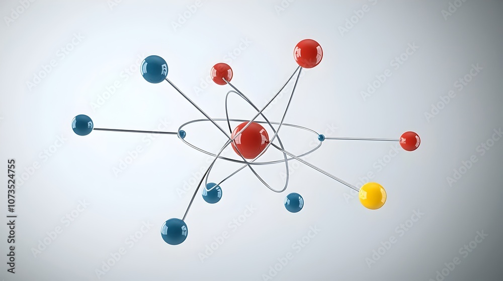 Poster Captivating atomic concept featuring dynamic electron paths and a vibrant nucleus set against a clean white background