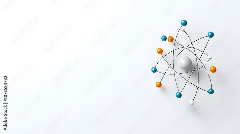 Poster Captivating Atomic Visualization with Dynamic Electron Paths and Vivid Nucleus   A modern minimalist showcasing the intricate structure of an atom against a clean white background