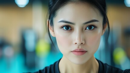 Woman with a serious expression on her face. She has dark hair and is wearing a black shirt