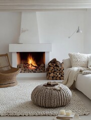 Cozy Living Room with Fireplace, Knitted Rug, and a White Couch
