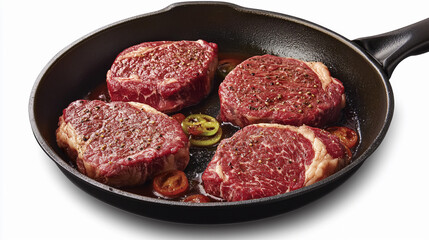 Juicy steaks sizzling in a cast iron skillet with peppers