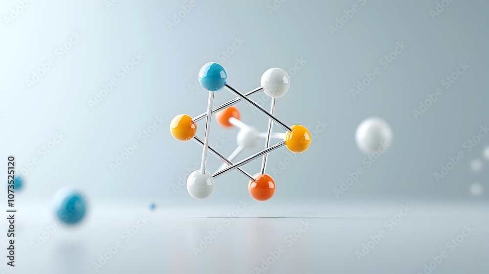Poster Highly detailed and visually striking 3D digital of an atom model featuring a precise depiction of protons and neutrons in contrasting colors with soft glowing shades and shading for a captivating