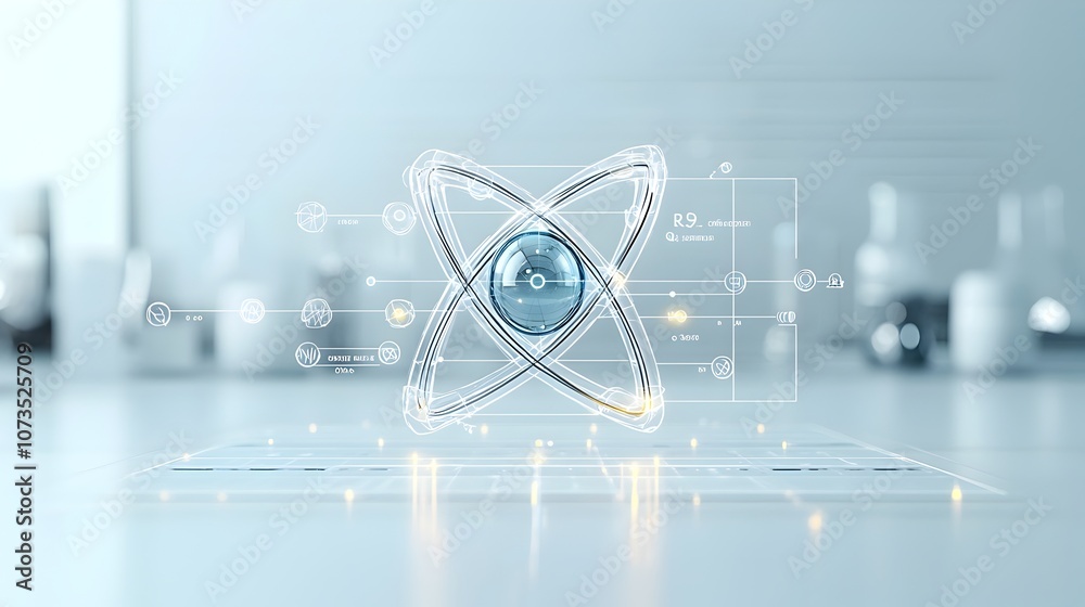Poster elegant atomic design featuring radiant particles and a bright clear background that emphasizes simp