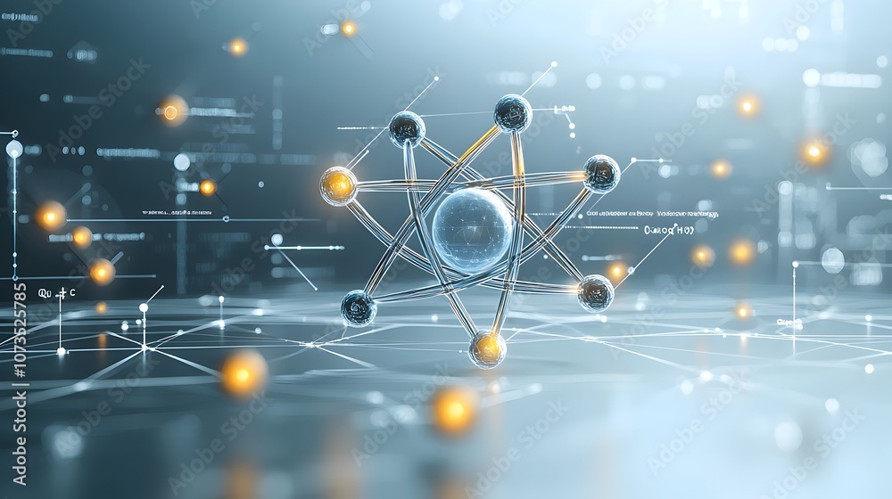Poster elegant and modern atom design featuring radiant particles against a bright clear background that em