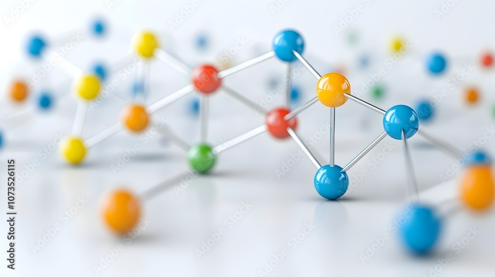 Poster Visually striking atomic model featuring colorful dynamic paths representing the movement of electrons around a central nucleus set against a clean white background for high contrast visual appeal