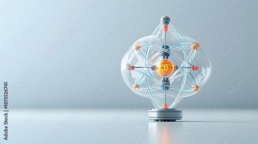 Poster Detailed 3D of an atom model with semi transparent layers that showcase the inner subatomic particles and the vibrant dynamic electron paths surrounding the nucleus