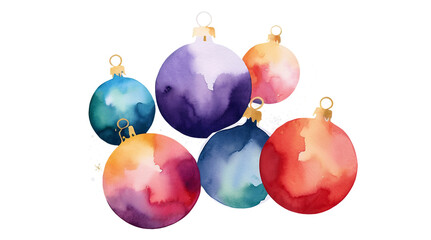 Colorful Watercolor Christmas Baubles in Artistic Style, Isolated on transparent background.