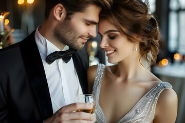 A couple dressed in elegant black-tie attire, sharing a romantic moment at a posh gala event