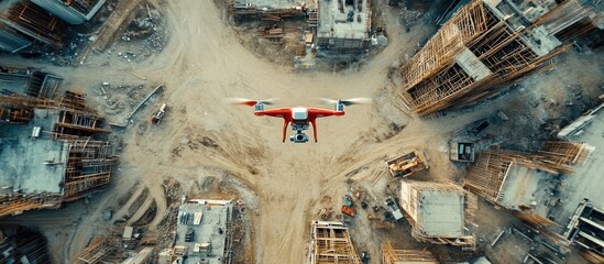 Drone flying over a construction site.