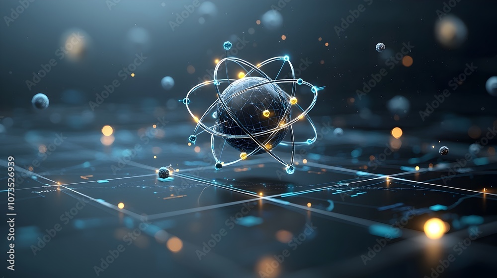 Poster Detailed 3D visualization of atomic structure highlighting the intricate arrangement and interactions of subatomic particles with vivid shading and lighting for a lifelike effect