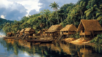 Obraz premium A small village of thatched-roof houses sits on the edge of a river, surrounded by lush tropical vegetation. The water is calm and reflective, and the sky is filled with fluffy white clouds.