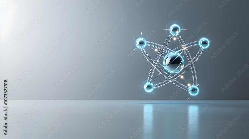 Poster A visually captivating futuristic 3D showcasing the intricate structure of an atom with a glowing nucleus and clearly defined electron orbits