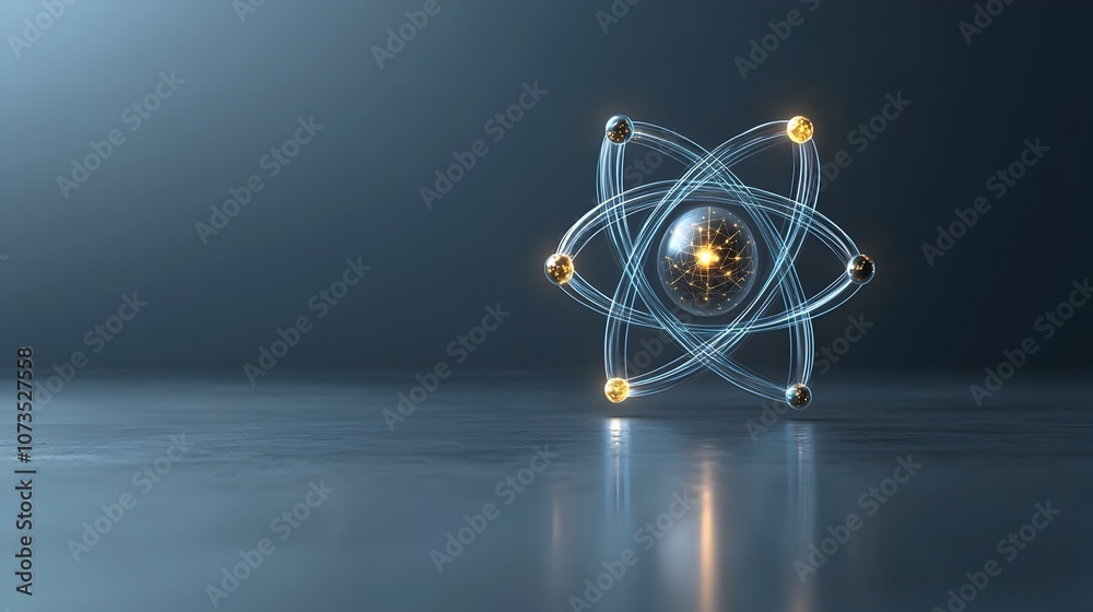 Poster Mesmerizing Futuristic 3D Atom Design with Glowing Nucleus and Defined Electron Orbits   A stunning digital showcasing the intricate beauty of a futuristic atomic structure with vibrant particles and