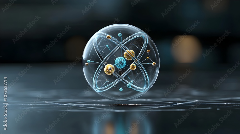Poster Vibrant Detailed 3D of an Atom Showcasing Internal Particle Movement and Structure with Transparent Layers Revealing the Nucleus Protons Neutrons and Electrons in Motion