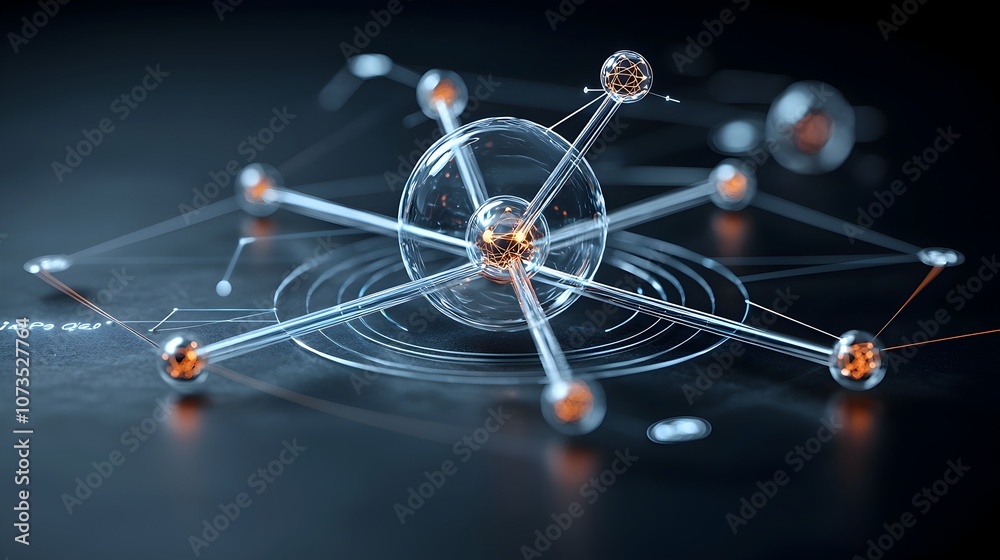 Poster Detailed 3D showcasing the intricate structure and dynamics of an atom with transparent layers revealing the internal particles and the vibrant movement of electrons