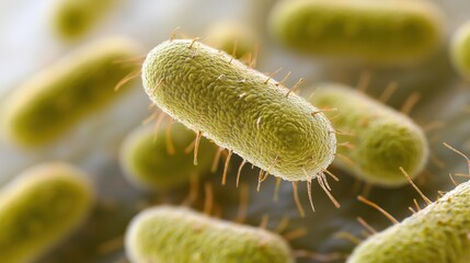 Fototapeta premium Detailed microscopic view of a bacterium, showcasing its textured surface and fine, hair-like protrusions.