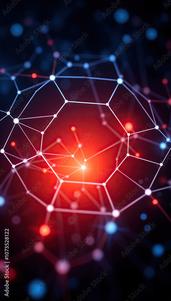 Poster glowing red digital network sphere with blue nodes on dark background futuristic technology vertical format