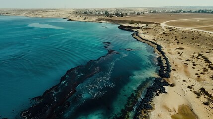 Obraz premium Aerial view of coastal area with dark, sticky tar covering beach and seawater, highlighting environmental pollution and providing copy space for text or design.