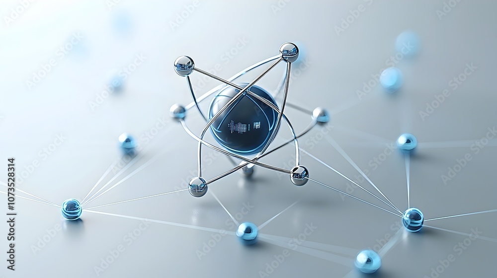 Aufkleber Stylish and modern atomic science concept featuring data nodes and connecting lines blending atomic structure with network technology for a futuristic and innovative design