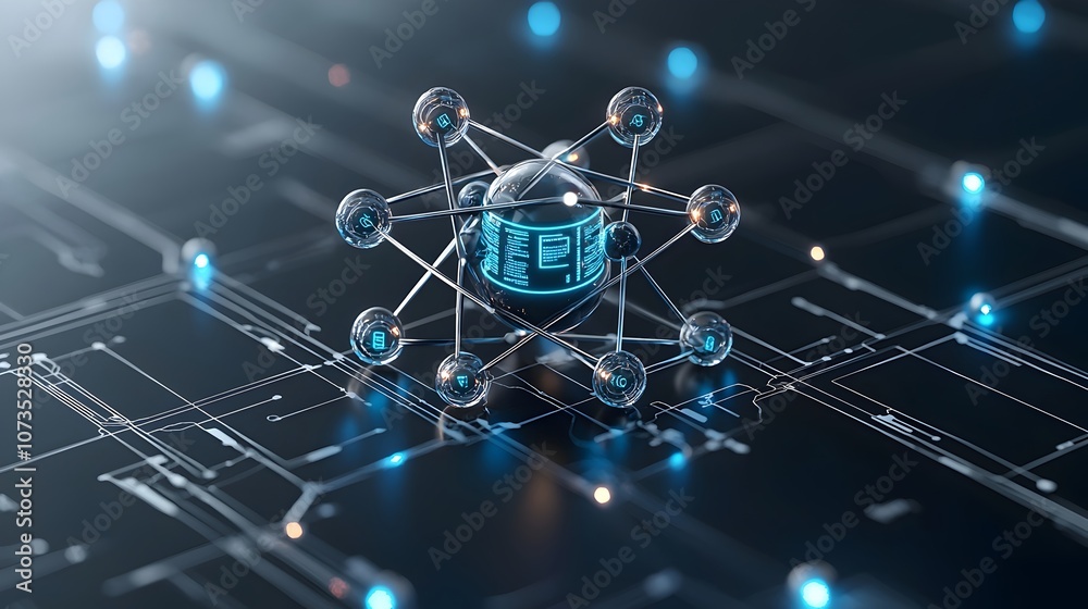 Poster A stylish and modern atom concept design featuring data nodes and connecting lines blending atomic science with network technology in an abstract and futuristic