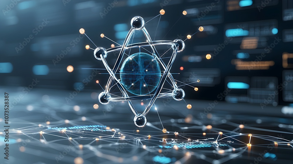 Poster Stylish and modern 3D of an atom concept blending the visual elements of atomic structure and network technology with interconnected data nodes and lines