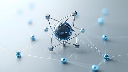 Stylish and modern atomic science concept featuring data nodes and connecting lines blending atomic structure with network technology for a futuristic and innovative design
