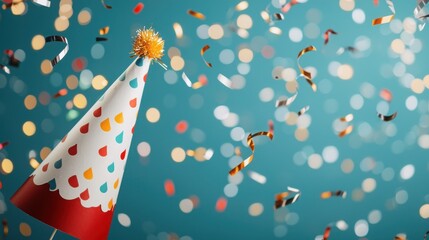 Fototapeta premium A colorful party hat surrounded by confetti on a vibrant background, symbolizing celebration and joy.