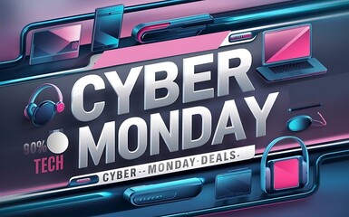 Fototapeta premium Cyber Monday deals banner with modern tech icons and sleek fonts