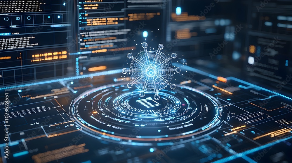Aufkleber A high tech atomic model surrounded by swirling binary code and virtual data symbolizing the rapid advancements and breakthroughs in modern scientific research and innovation