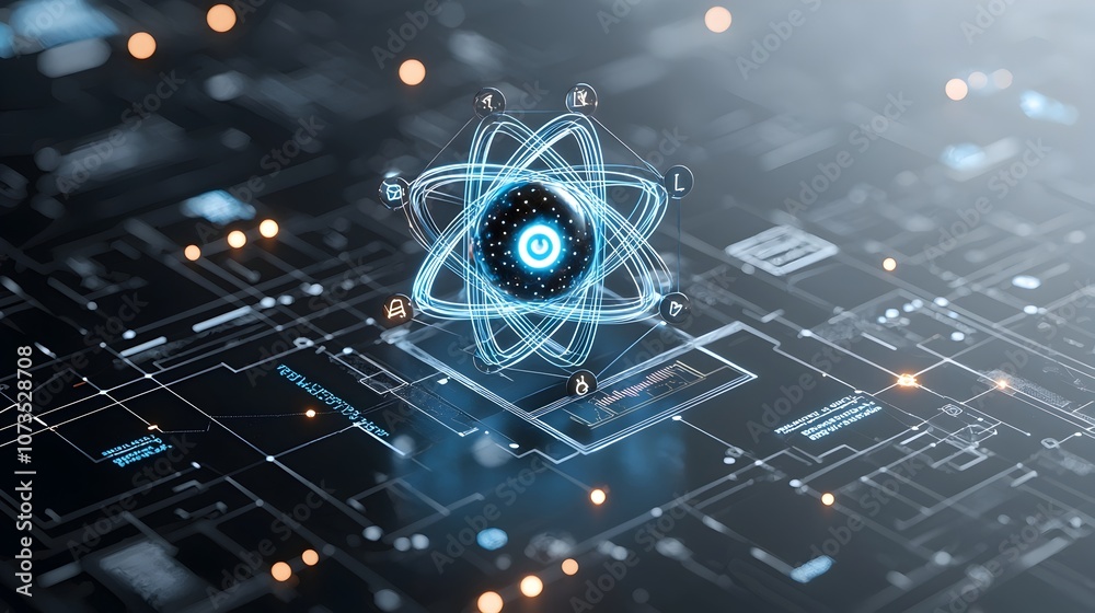 Poster Detailed of a futuristic atom with glowing lines and network nodes symbolizing the advancements and breakthroughs in the field of quantum physics and subatomic particle research
