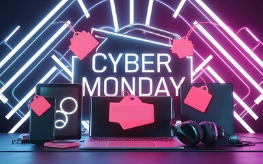 Cyber Monday neon theme wallpaper with electronics and discount tags
