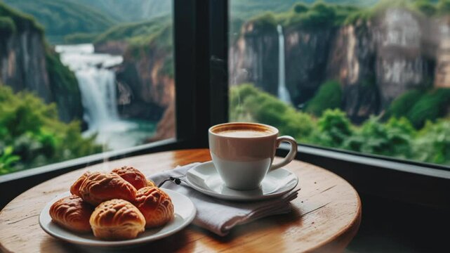 Warm bread and a cup of coffee, 4K seamless looping virtual video animation background