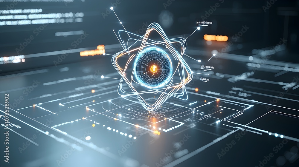 Aufkleber Visually striking atom design with vibrant neon lines and digital matrix representing the innovative advancements in molecular science and technological research