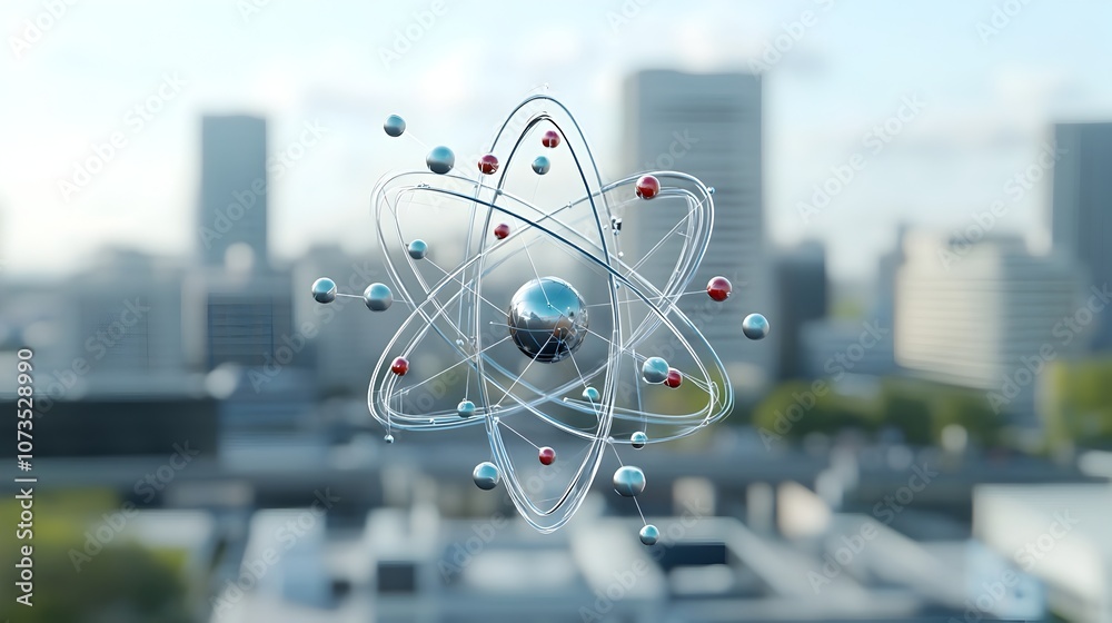 Poster Highly detailed and visually striking digital atom model with intricate particle visualization and a sleek modern design  This image is perfect for tech inspired science and technology themed visuals