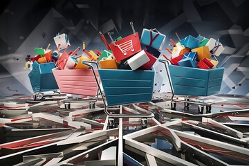 Digital shopping cart icons on a sleek, modern Cyber Monday background