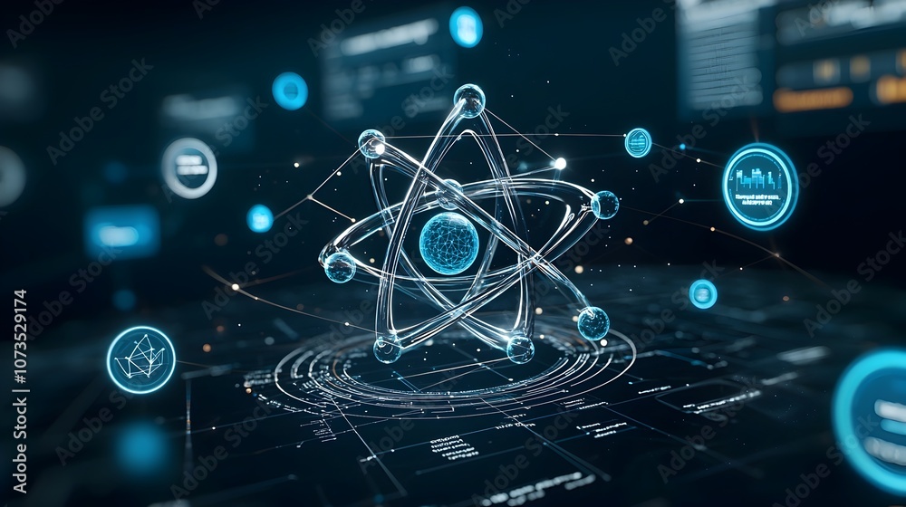 Leinwandbilder Futuristic 3D atom model surrounded by a floating array of digital data icons symbolizing the cutting edge advancements in nanotechnology and the exciting frontiers of scientific discovery