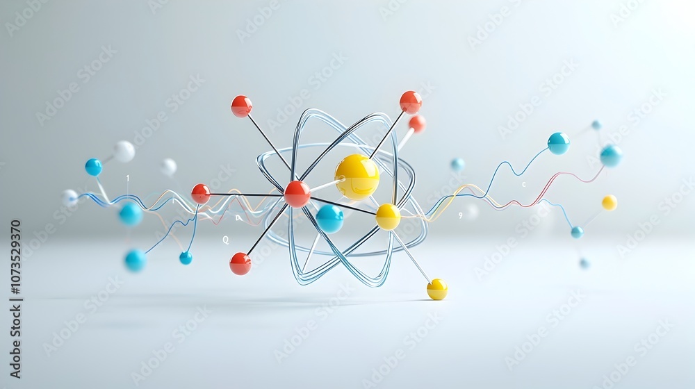 Poster dynamic atomic model with vibrant digital waves and cutting edge technological accents representing 