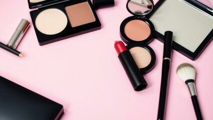 Elegant Makeup Collection: Essential Beauty Tools for a Flawless Look on a Pink Background