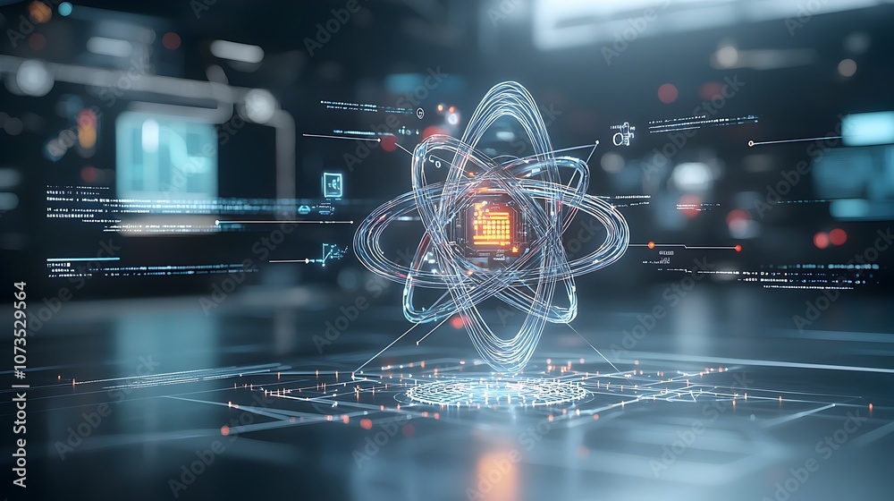 Poster glowing atomic network a futuristic visualization of scientific innovation embodying the interconnec