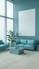 Fototapeta premium Modern Living Room in Teal: Featuring a Cozy Sofa, Potted Plant, and Minimalist Decor for Interior Design Inspiration