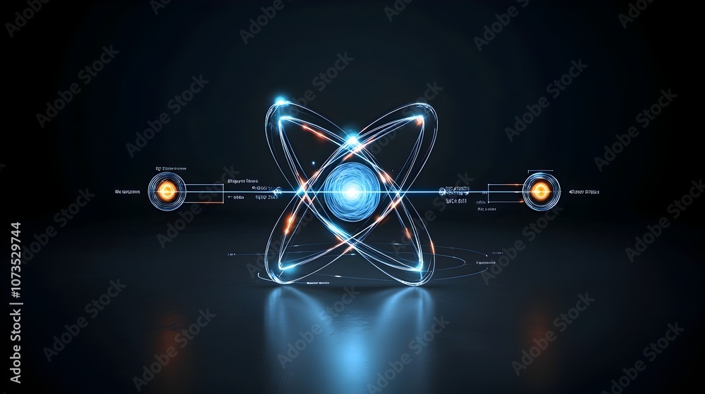 Poster a clean high tech atom model with vibrant holographic orbits representing the latest advancements an
