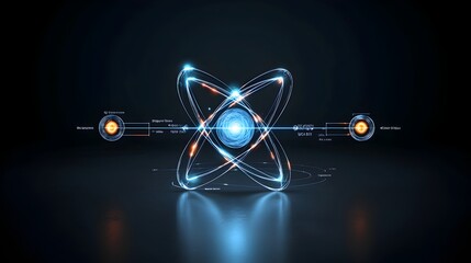 A clean high tech atom model with vibrant holographic orbits representing the latest advancements and innovations in the field of physics and scientific visualization