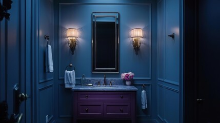 A bathroom with a purple vanity and a mirror