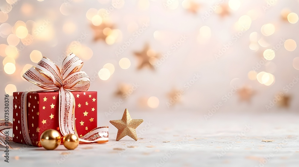 Poster Elegant red background with glowing gold stars gentle bokeh effects and stylish ribbon accents perfect for creating a sophisticated and luxurious setting for award other high end events