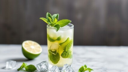 Refreshing Mint Mojito Cocktail with Lime and Ice Cubes, Perfect for Summer Parties and Relaxation