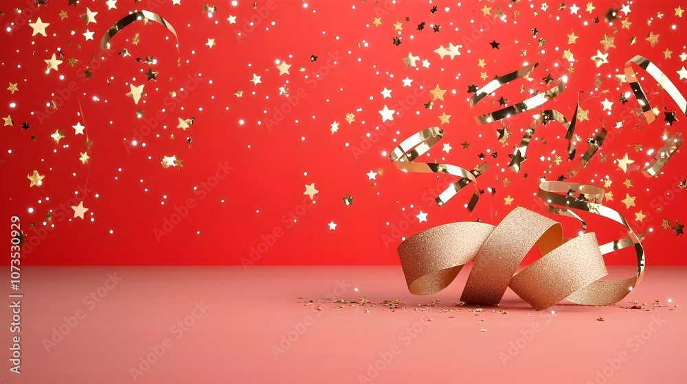 Aufkleber Glamorous red background with dynamic gold stars soft bokeh lighting and elegant ribbon motifs creating a sumptuous and celebratory atmosphere perfect for a luxury event or