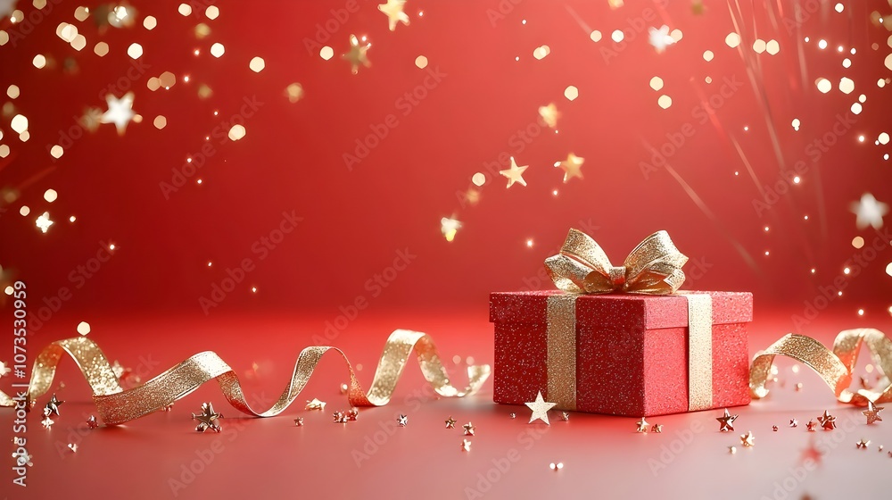 Poster prestigious red and gold event background with sparkling stars ribbons and golden light rays luxurio