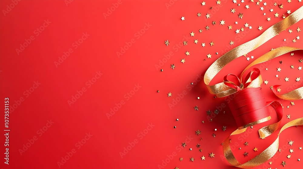 Leinwandbilder elegant red background with shimmering gold stars soft bokeh and flowing ribbons highlighted by warm