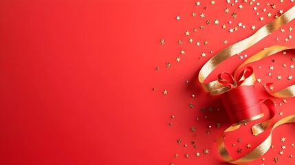 Elegant red background with shimmering gold stars soft bokeh and flowing ribbons highlighted by warm golden light beams creating a luxurious and festive atmosphere perfect for upscale event decor and
