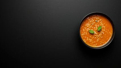 Delicious Tomato Soup in a Black Bowl on a Dark Background - Perfect for Restaurant Menus, Advertisements, and Food Blogs